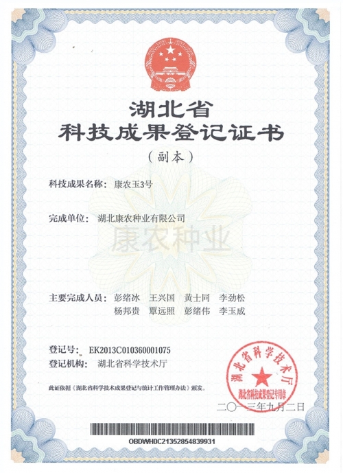 Kangnongyu No. 3 Achievement Registration Certificate